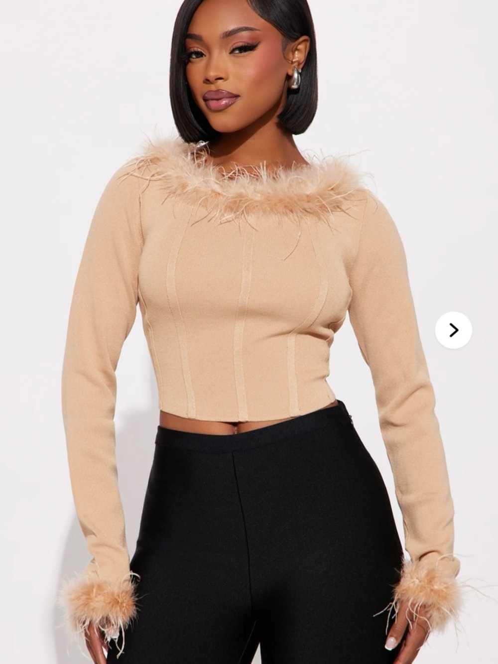 Beige Feather-Trim Off-the-Shoulder Crop Sweater